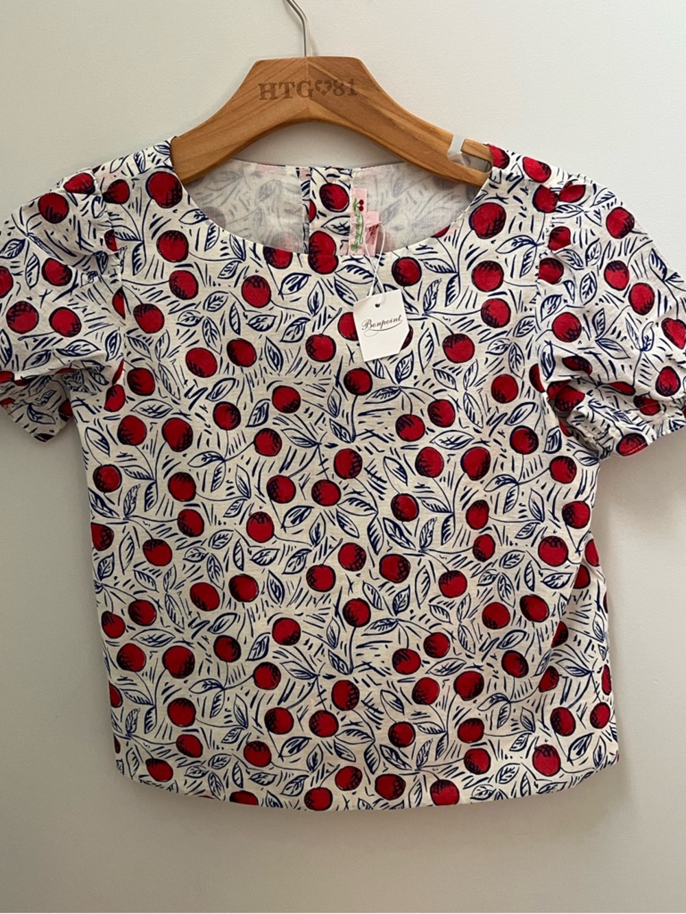 Bonpoint Cream Short Sleeve Top with Red Cherry Print